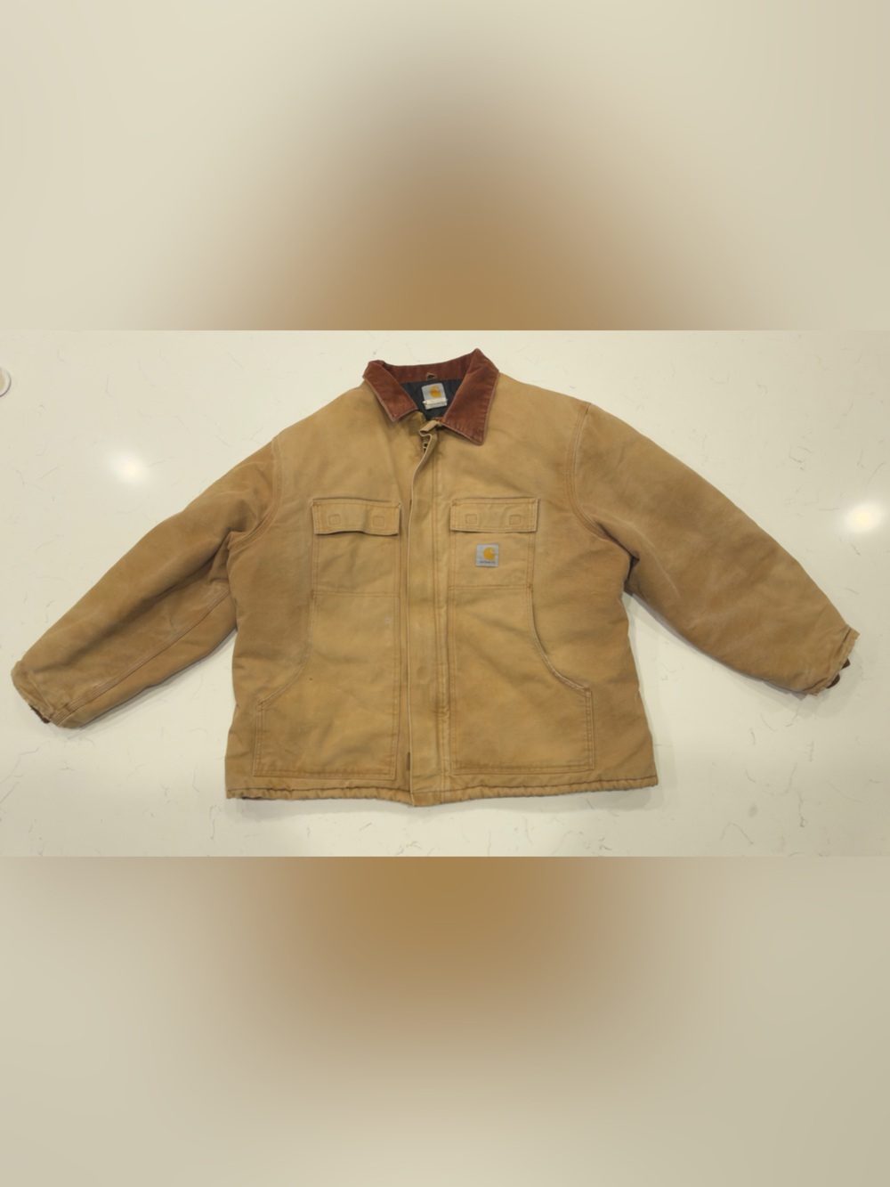 Carhartt Tan Canvas Work Jacket with Brown Corduroy Collar
